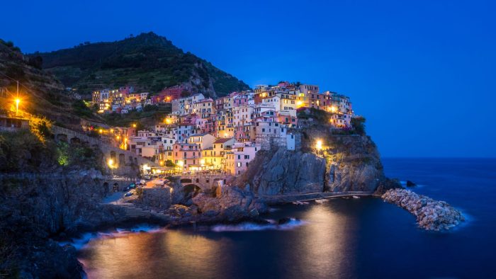 beautiful view lights manarola village cinque terre italy