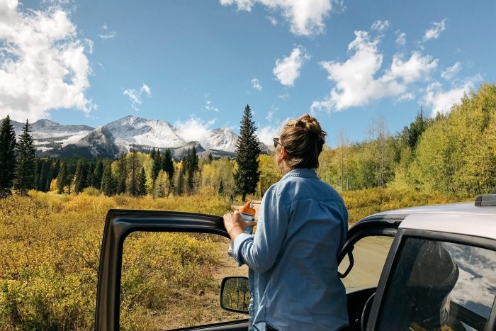 female standing near car enjoying view with trees snowy mountains distance